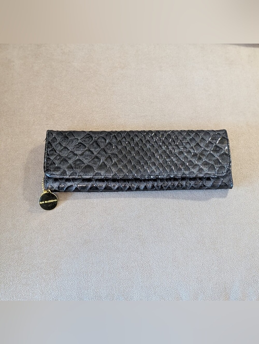 Big Buddha Metallic Charcoal Gray Snakeskin Embossed Clutch Wallet